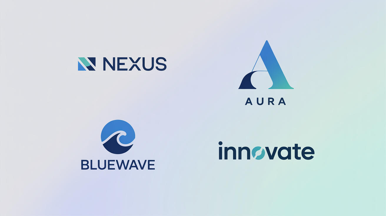 A collection of modern, professionally designed logos in various shades of blue for different fictional companies, displayed in a clean grid format.