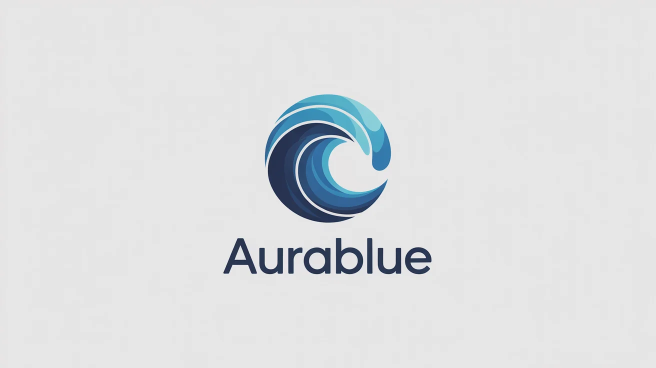A modern blue logo on a white background. The logo features a stylized wave with a navy-to-cyan gradient, with the word "AuraBlue" written underneath in a sans-serif font.