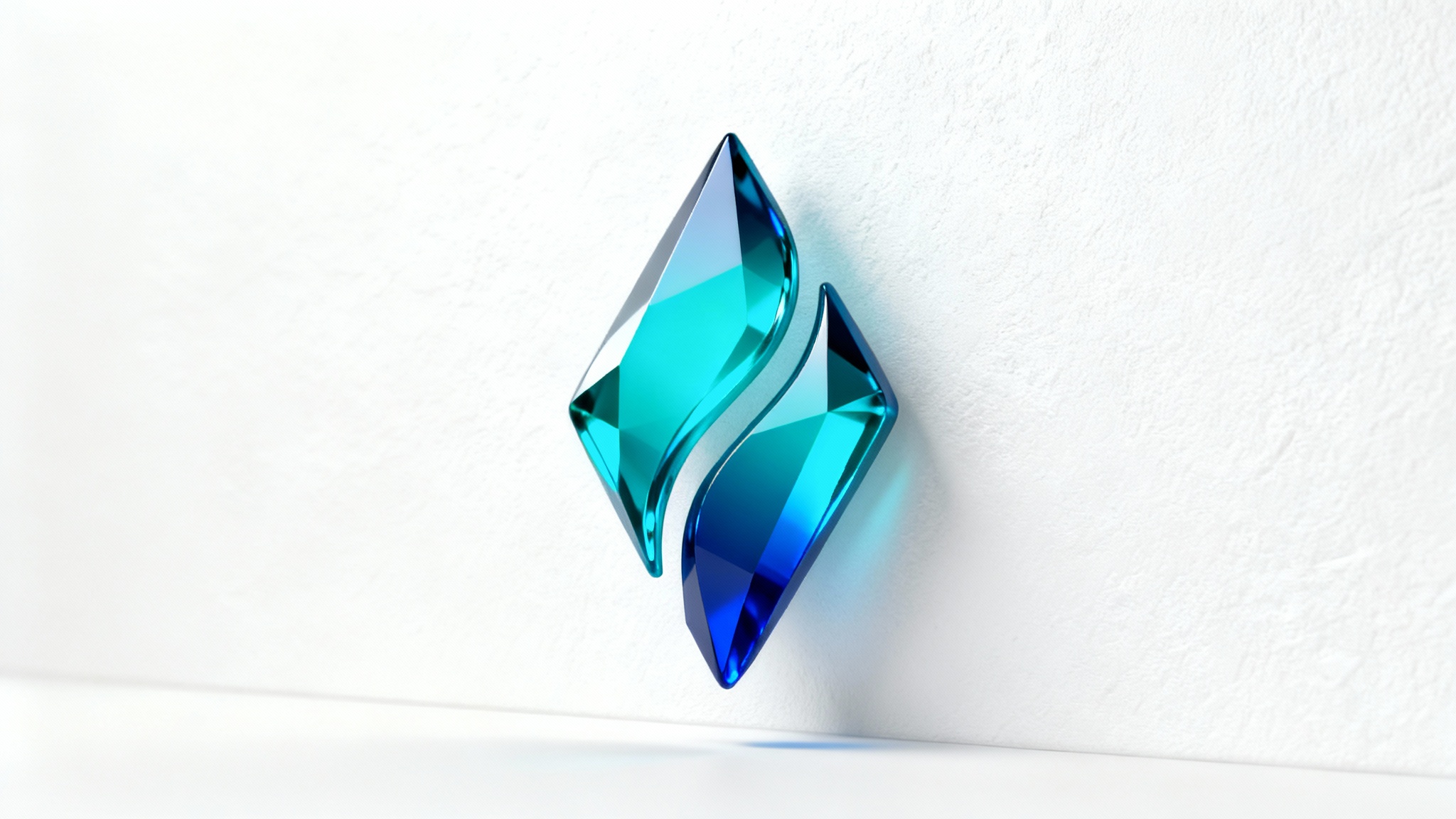 A photorealistic mockup of a modern 3D blue logo, presented against a clean white background. The logo is an abstract, geometric crystal shape with a glossy finish, colored in shades of sapphire and cyan blue. It is mounted on a white wall, creating a professional and minimalist aesthetic.
