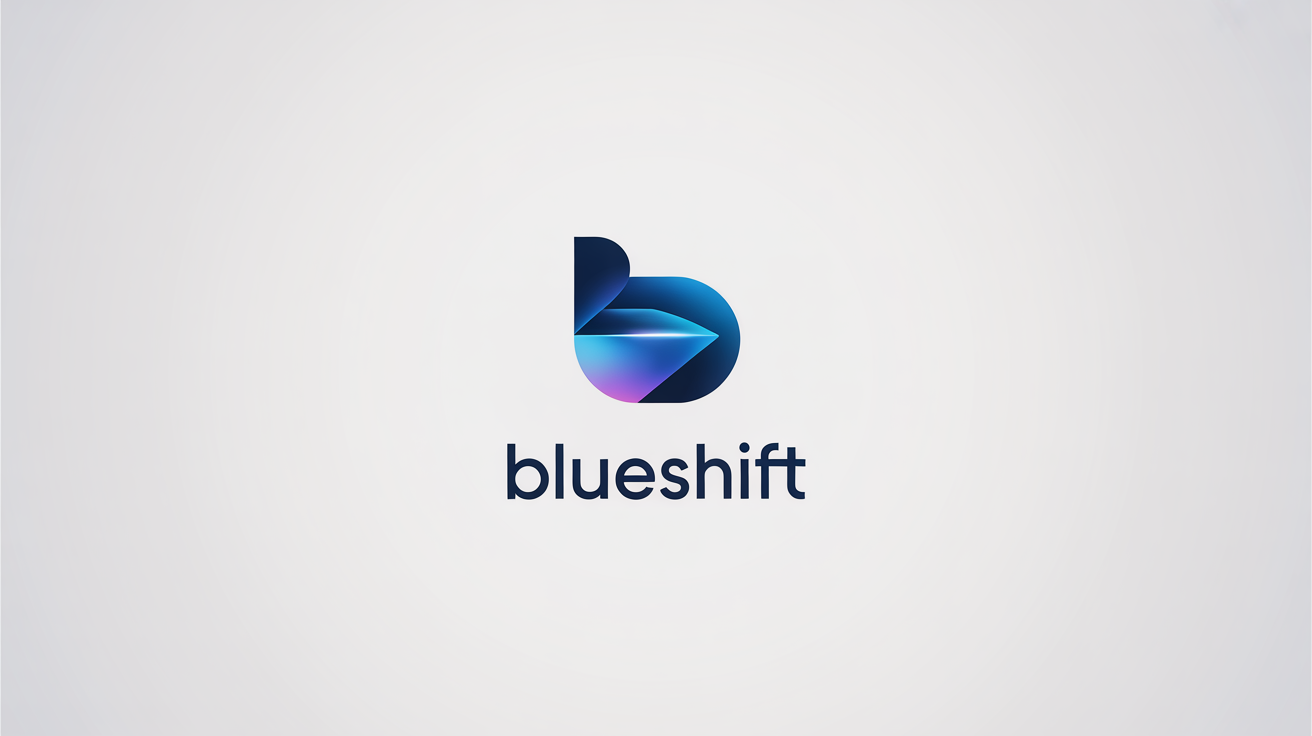 A modern blue logo for a fictional tech company called 'BlueShift', featuring a geometric 'B' and arrow design on a white background.