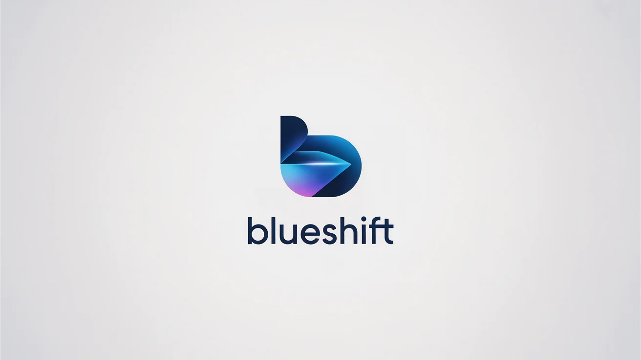 A modern blue logo for a fictional tech company called 'BlueShift', featuring a geometric 'B' and arrow design on a white background.