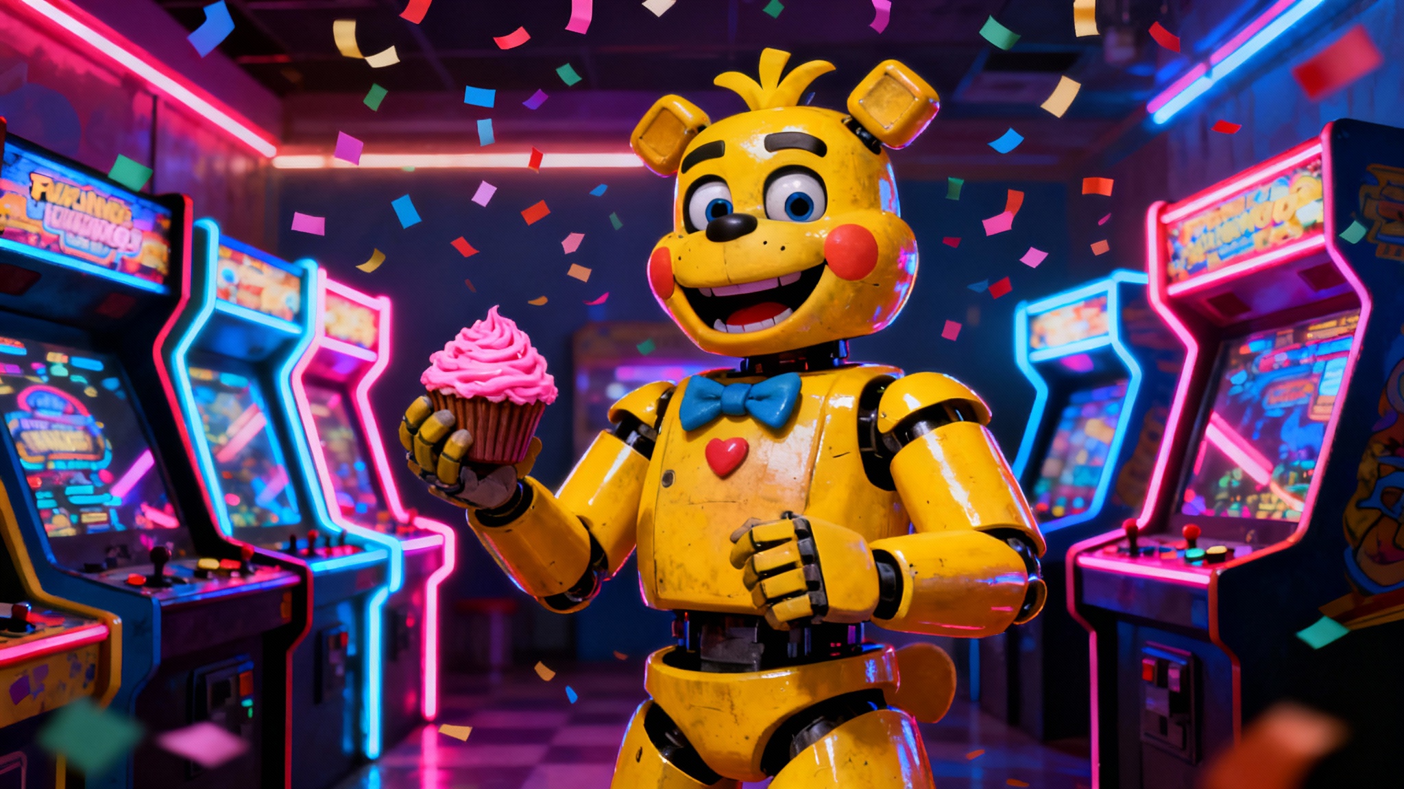 A stunning digital painting of Toy Chica from Five Nights at Freddy's, depicted in a lively, neon-lit arcade. She is holding a cupcake with a cheerful expression, showcasing a high-quality finished piece of fan art.