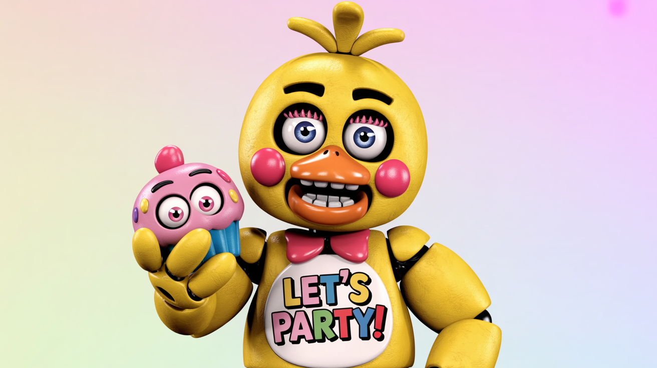 A digital fan art illustration of Toy Chica, the yellow animatronic chicken, wearing her 'LET'S PARTY!' bib and holding a cupcake against a plain white background.