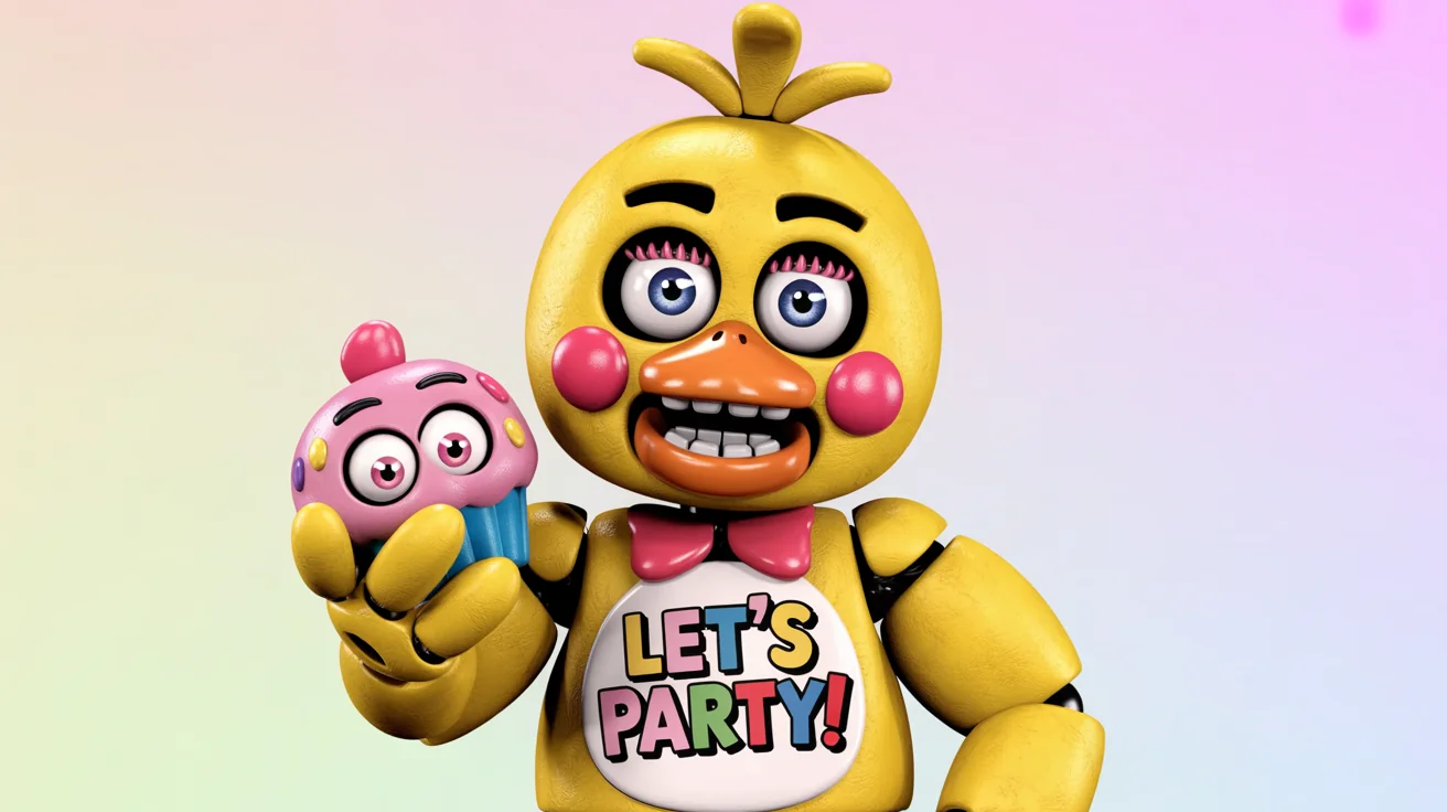 A digital fan art illustration of Toy Chica, the yellow animatronic chicken, wearing her 'LET'S PARTY!' bib and holding a cupcake against a plain white background.