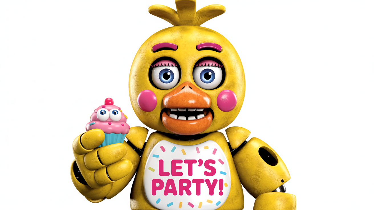 A vibrant 3D render of Toy Chica, the yellow animatronic chicken, smiling and holding a cupcake against a plain white background. Her bib reads 'LET'S PARTY!'.