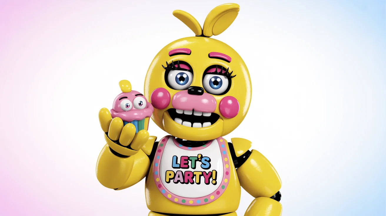A digital fan art illustration of Toy Chica, a yellow animatronic chicken, winking and holding a cupcake. Her bib says 'LET'S PARTY!'. The background is solid white.