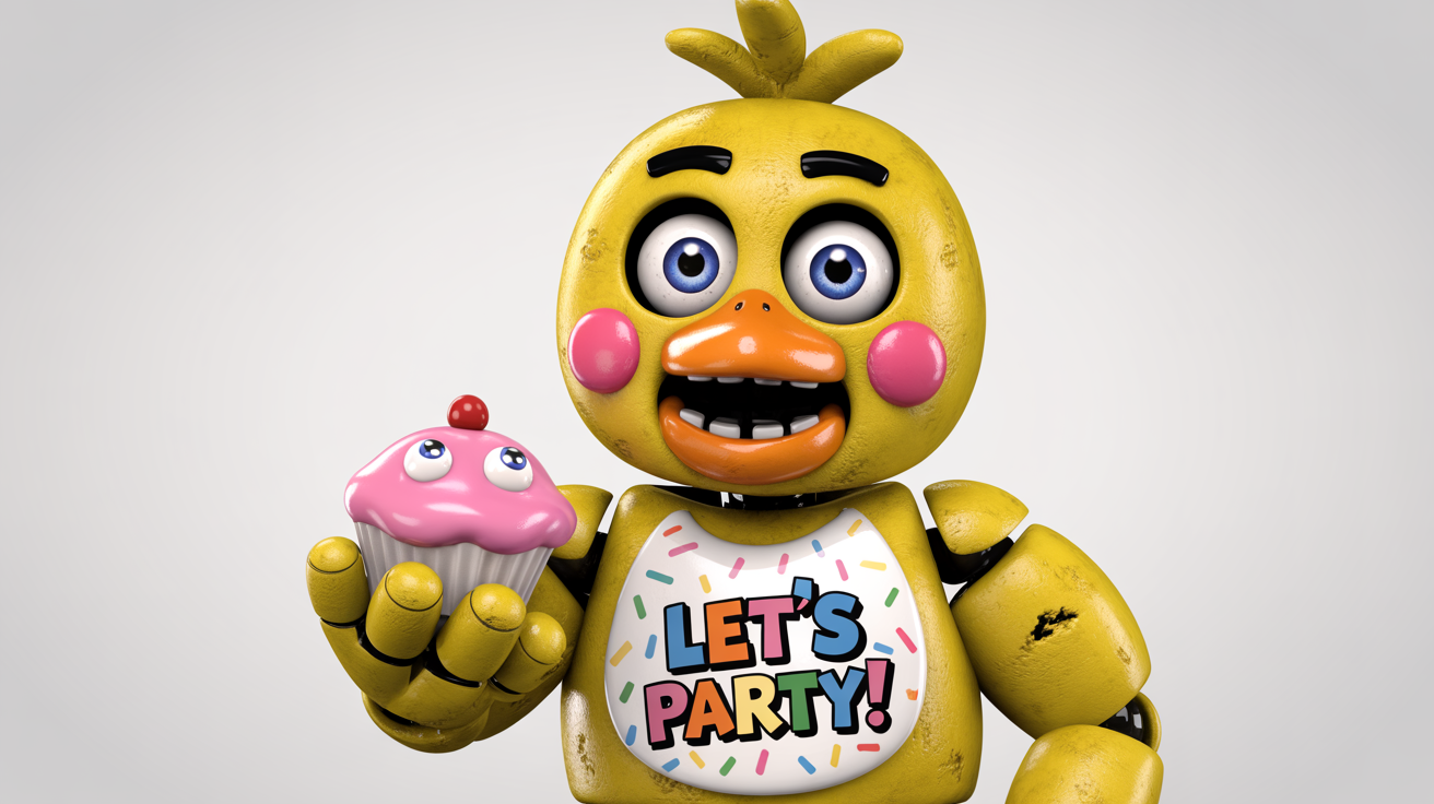 A 3D fan art rendering of Toy Chica, a yellow animatronic chicken from Five Nights at Freddy's. She is wearing a bib that says 'LET'S PARTY!' and holding a cupcake, standing against a white background.