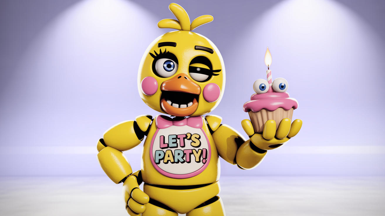 A polished digital fan art illustration of Toy Chica, the animatronic chicken, posing playfully against a white background. She is winking, holding her cupcake, and wearing her bib that reads 'LET'S PARTY!'.
