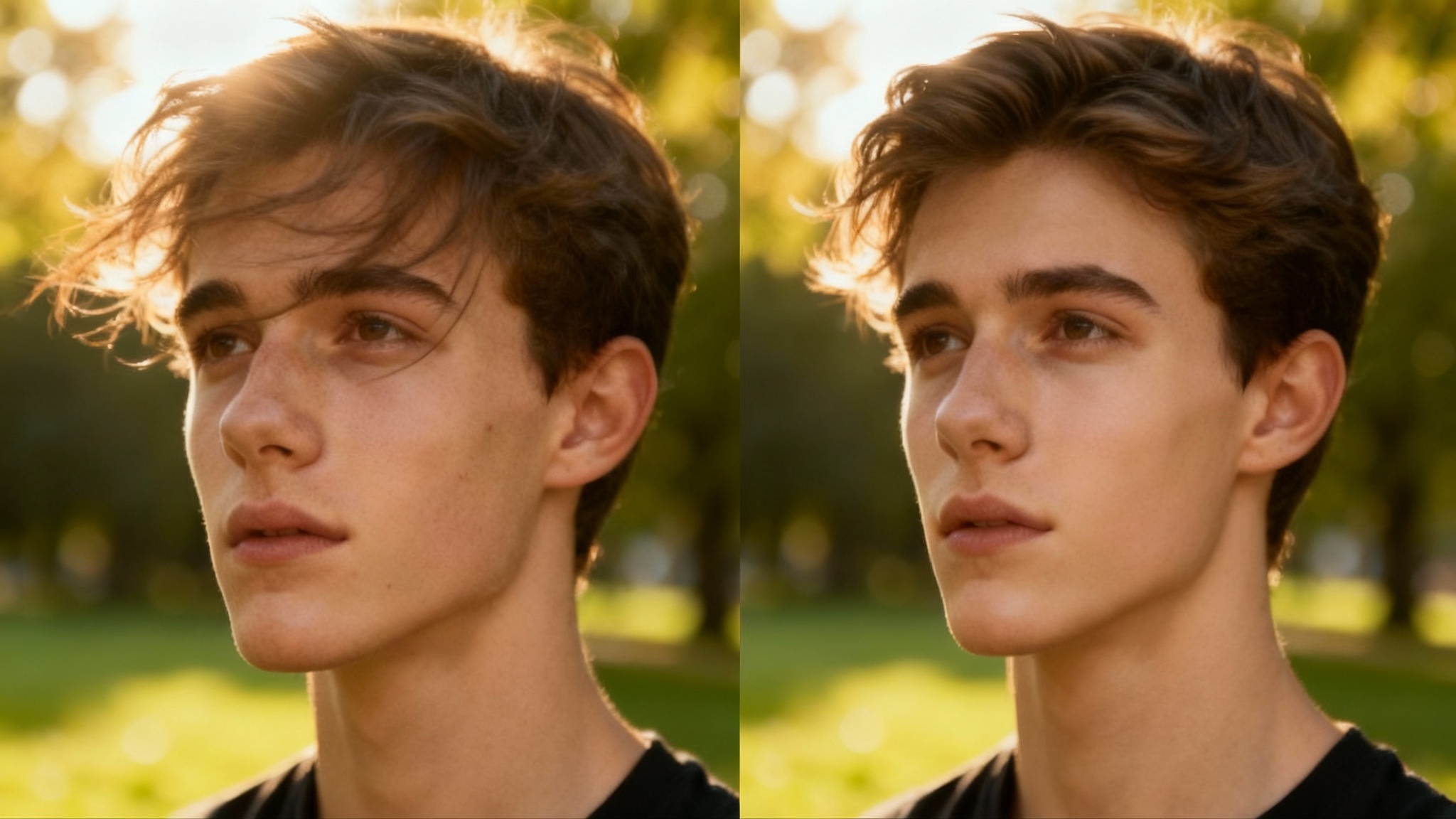 A before-and-after split image demonstrating face inpainting. The 'before' side shows a young man's portrait with skin blemishes and messy hair. The 'after' side shows the same portrait perfectly retouched with clear skin and neat hair.