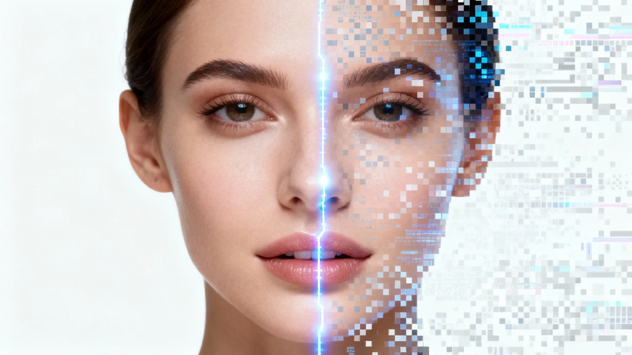 A conceptual image showing a face being restored. The left side of the woman's face is in perfect high-resolution, while the right side is pixelated and blurry, demonstrating the effect of face inpainting.