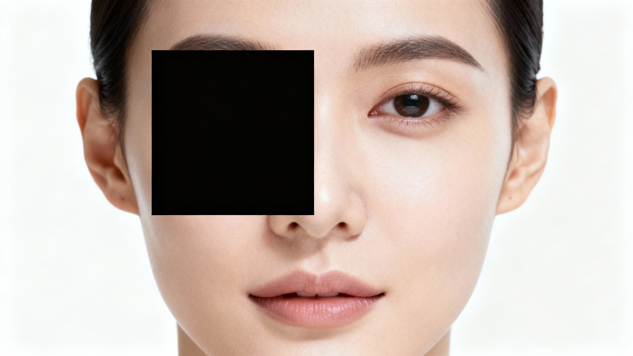 A conceptual image showing face inpainting. The left half of a person's face is covered by a black square, while the right half is perfectly clear and restored, demonstrating the technology's effect.
