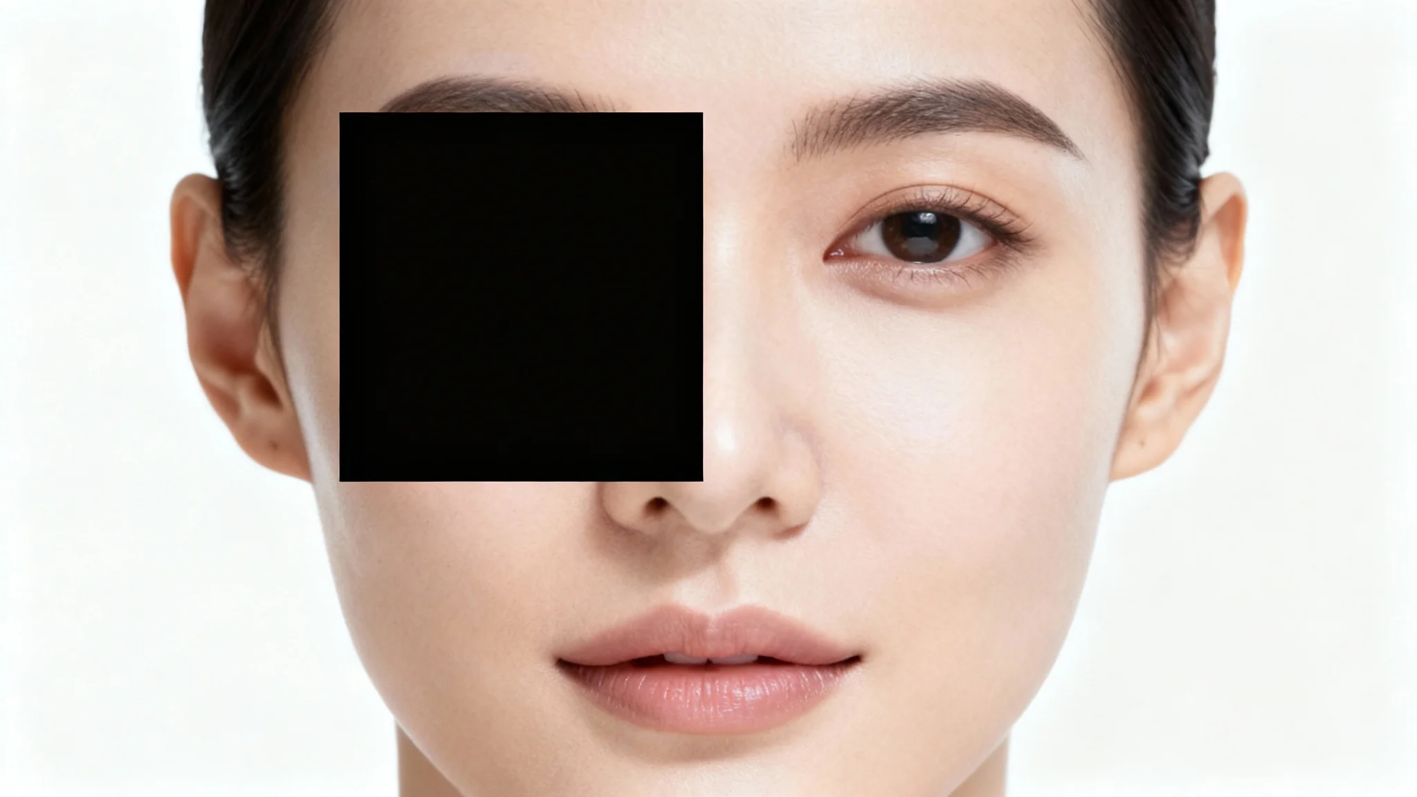 A conceptual image showing face inpainting. The left half of a person's face is covered by a black square, while the right half is perfectly clear and restored, demonstrating the technology's effect.