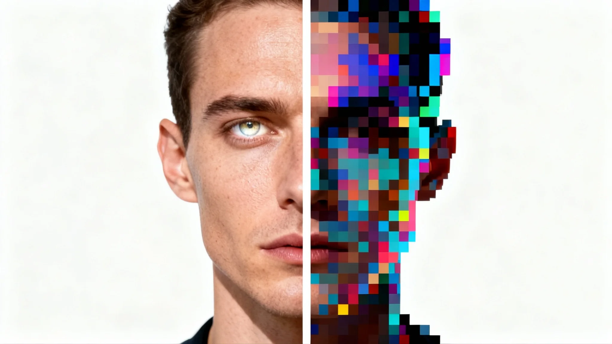 A conceptual photo showing the effect of face inpainting: one half of a person's face is perfectly clear and high-resolution, while the other half is obscured by large, blocky pixels.
