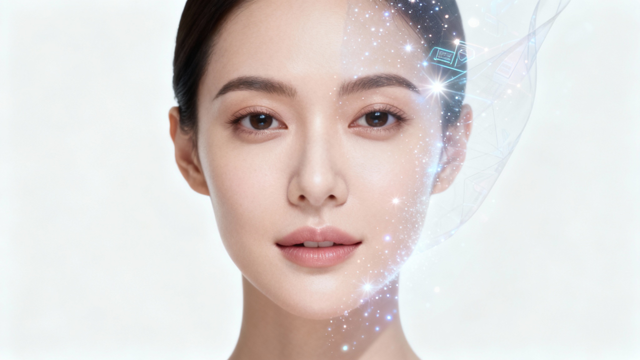 A conceptual image showing a face inpainting effect. A woman's portrait where one side of her face is perfectly clear, and the other side shows glowing particles dissolving to reveal the flawless face beneath, all against a white background.