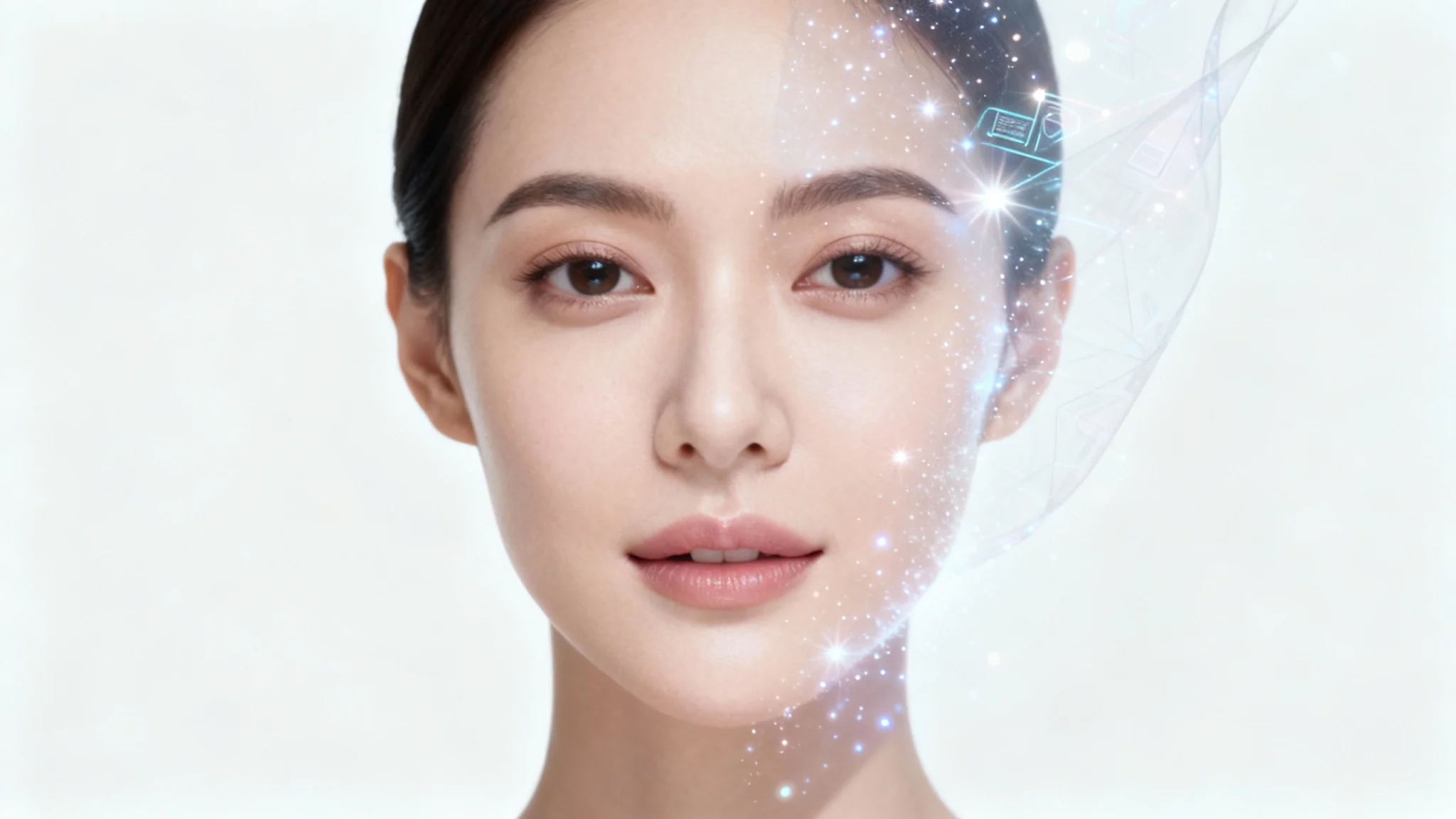 A conceptual image showing a face inpainting effect. A woman's portrait where one side of her face is perfectly clear, and the other side shows glowing particles dissolving to reveal the flawless face beneath, all against a white background.