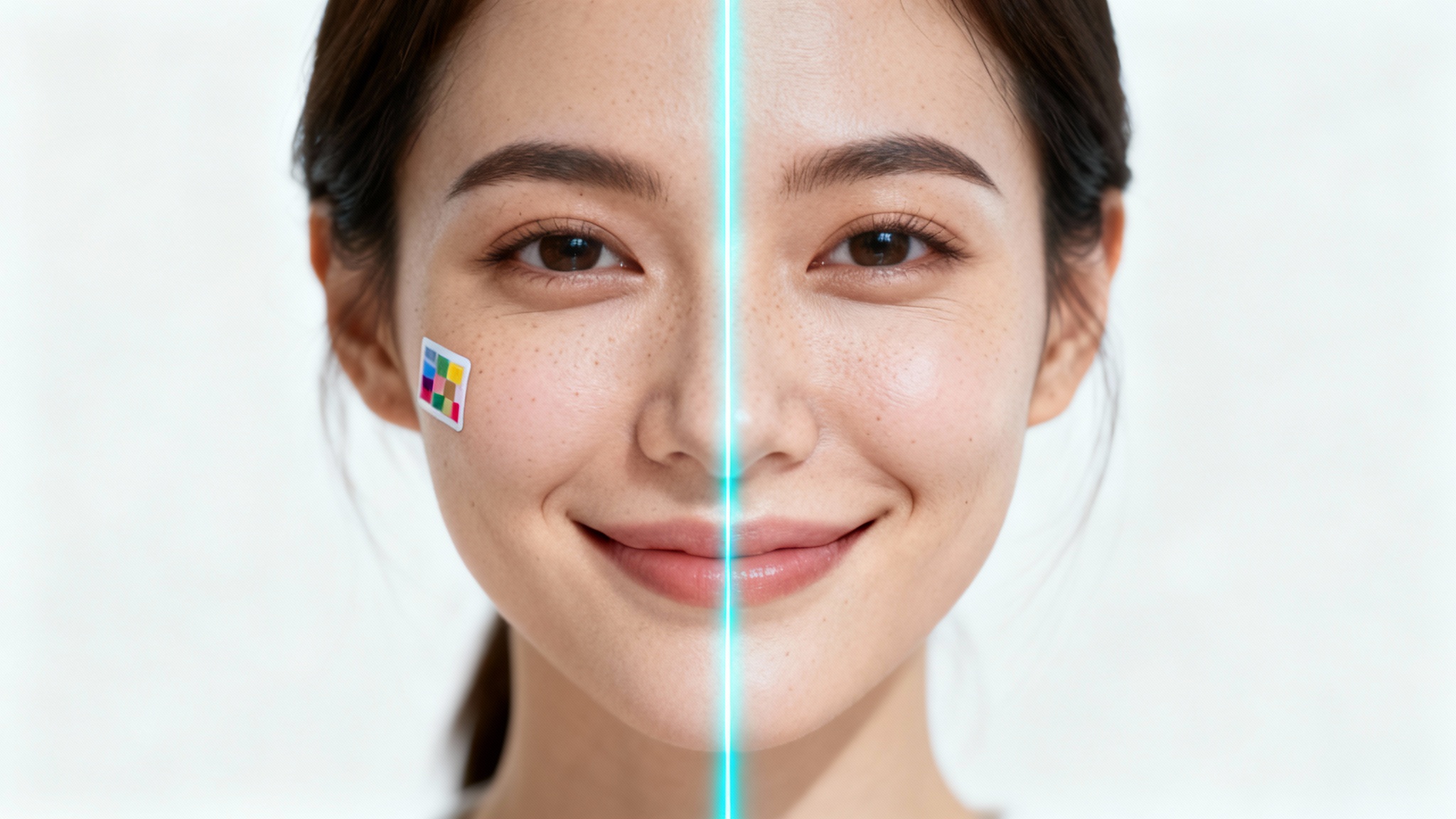 A close-up portrait of a woman's face, split down the middle. The left side has a small sticker on her cheek, and the right side is perfectly clean, demonstrating the effect of face inpainting.