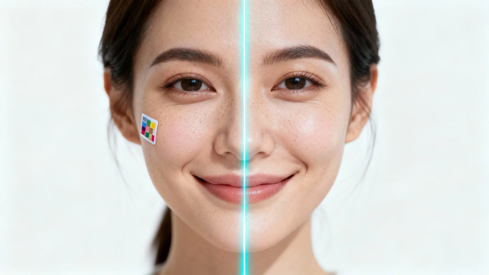 A close-up portrait of a woman's face, split down the middle. The left side has a small sticker on her cheek, and the right side is perfectly clean, demonstrating the effect of face inpainting.