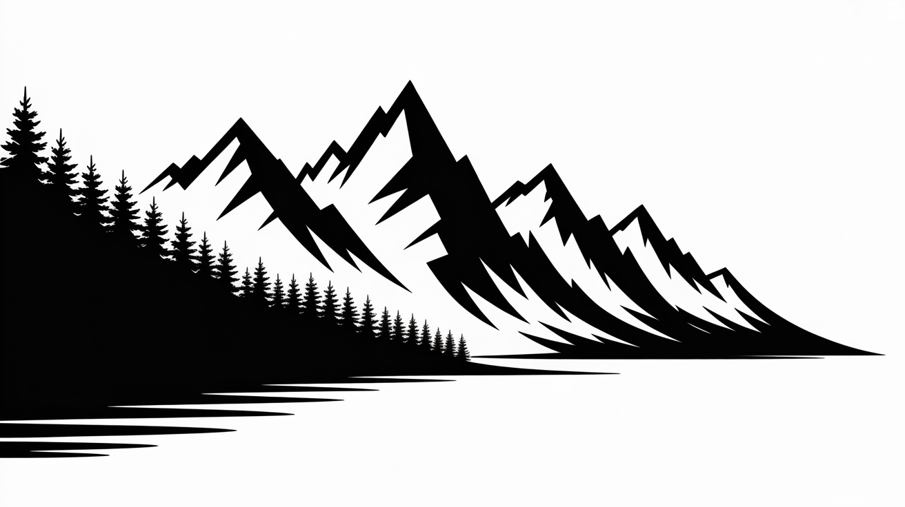 A black vector silhouette of a jagged mountain range and treeline, displayed centrally on a clean white background, representing the final output of a silhouette design tool.