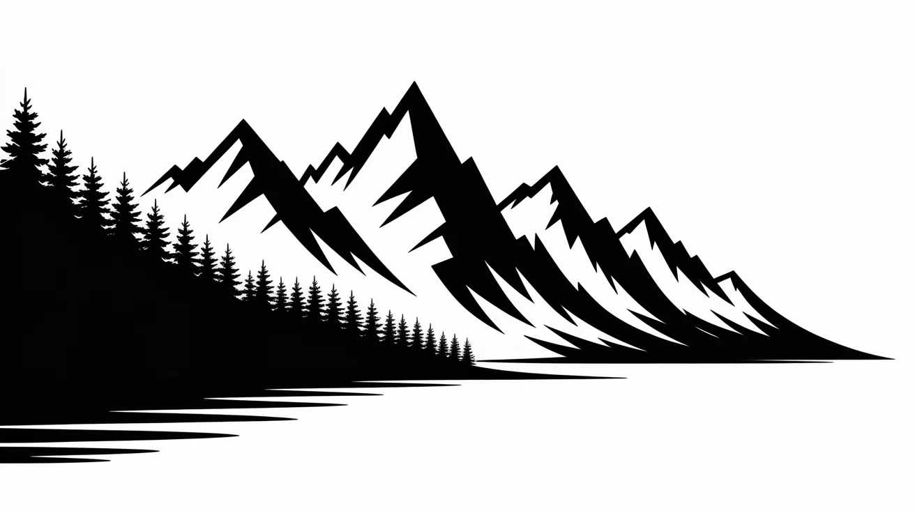 A black vector silhouette of a jagged mountain range and treeline, displayed centrally on a clean white background, representing the final output of a silhouette design tool.