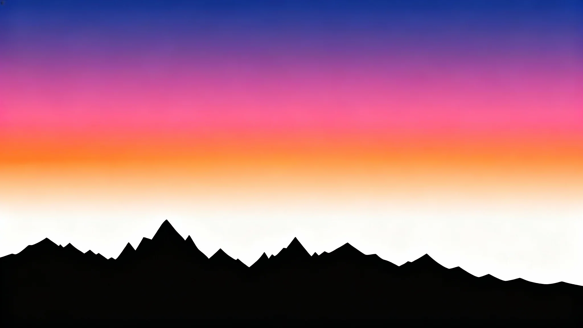 A digital art mockup showing a black mountain range silhouette against a vibrant orange, magenta, and indigo sunset, on a clean white background.