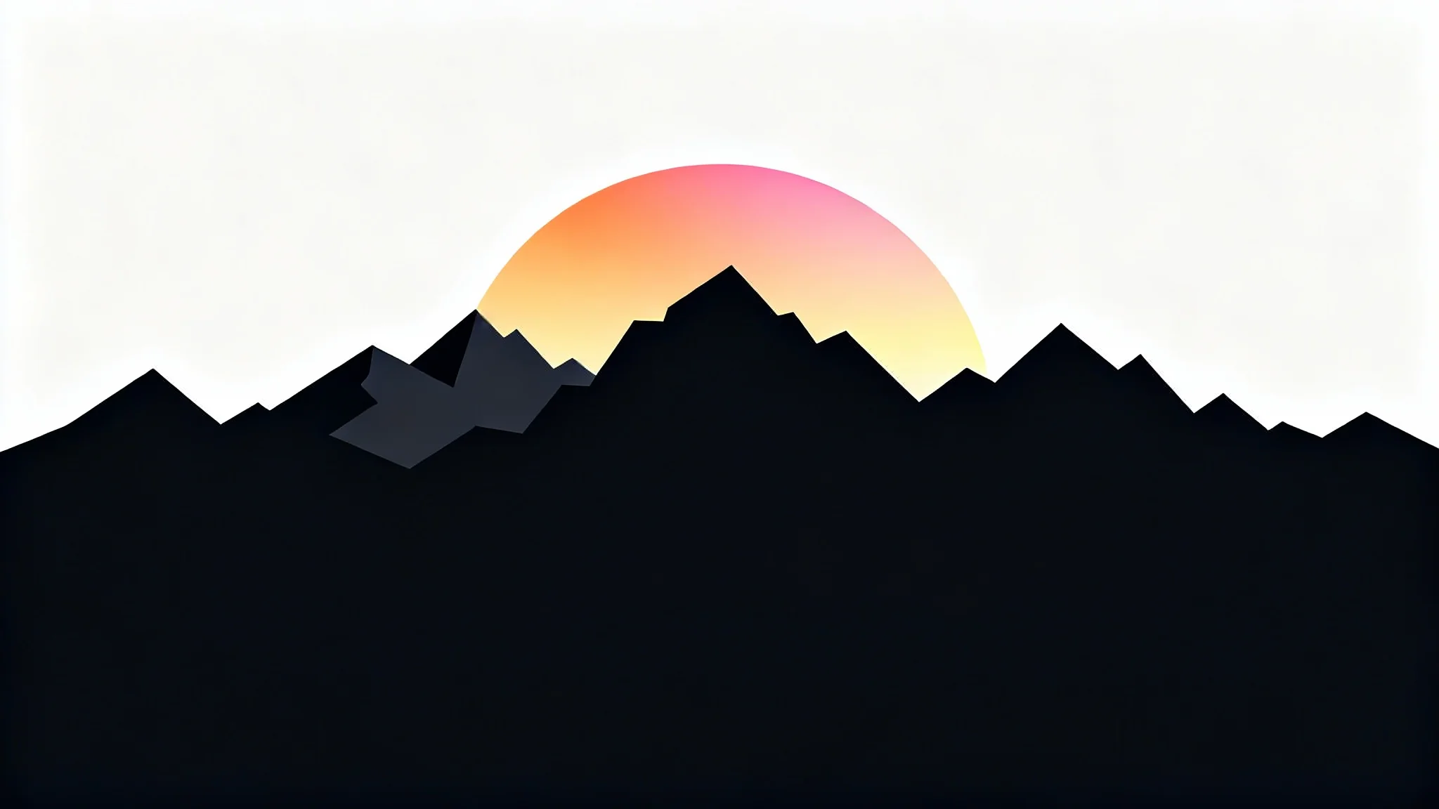 A minimalist vector graphic of a black mountain range silhouette against a clean white background, with a hint of an orange and pink sunrise glow just above the peaks.