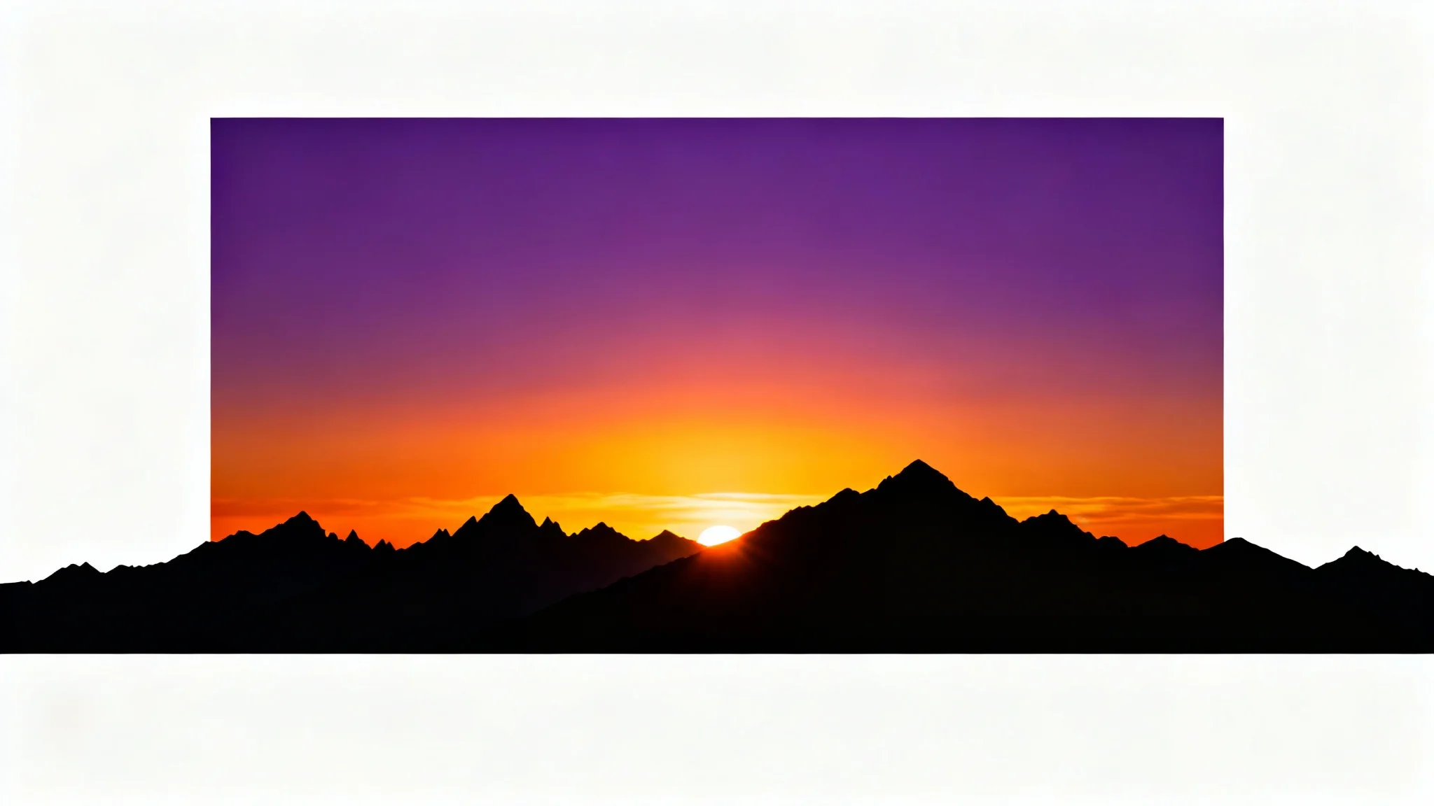 A dramatic silhouette of a jagged mountain range against a vibrant sunset sky filled with shades of orange, purple, and yellow.