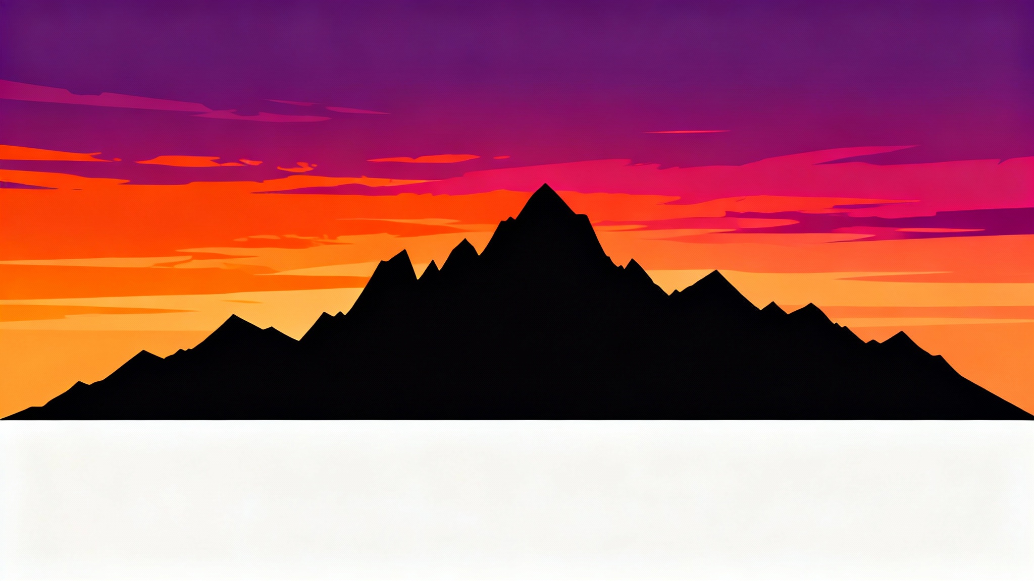 A modern vector illustration of a black mountain range silhouette set against a vibrant sunset sky of orange and purple, all isolated on a white background.