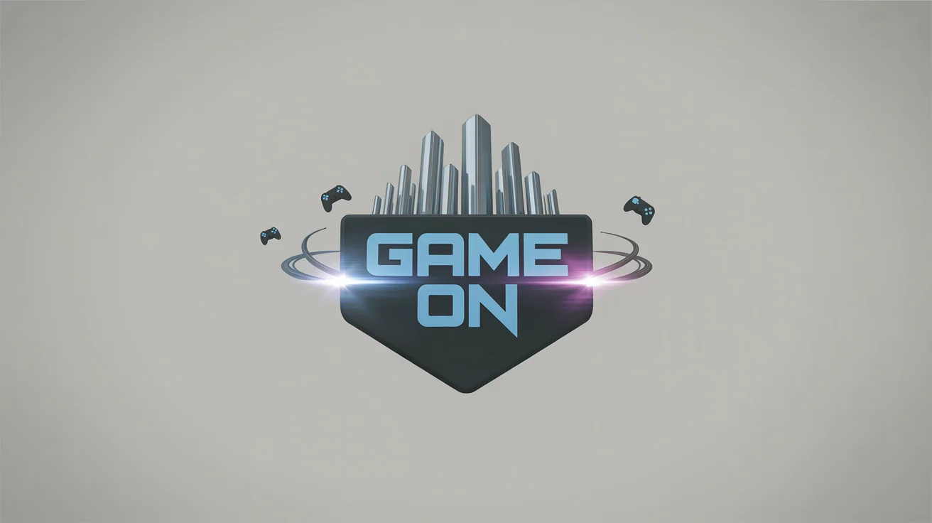 A polished final frame from a gaming intro video, showing the glowing neon text 'GAME ON' in front of a futuristic, neon-lit cityscape at night. Floating game controllers and particle effects add to the dynamic scene.