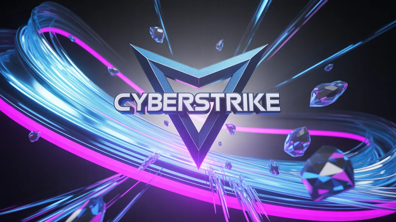 A 3D metallic logo with the text 'CYBERSTRIKE' at the center of a vibrant blue and pink digital explosion, isolated on a white background, representing a custom gaming intro.