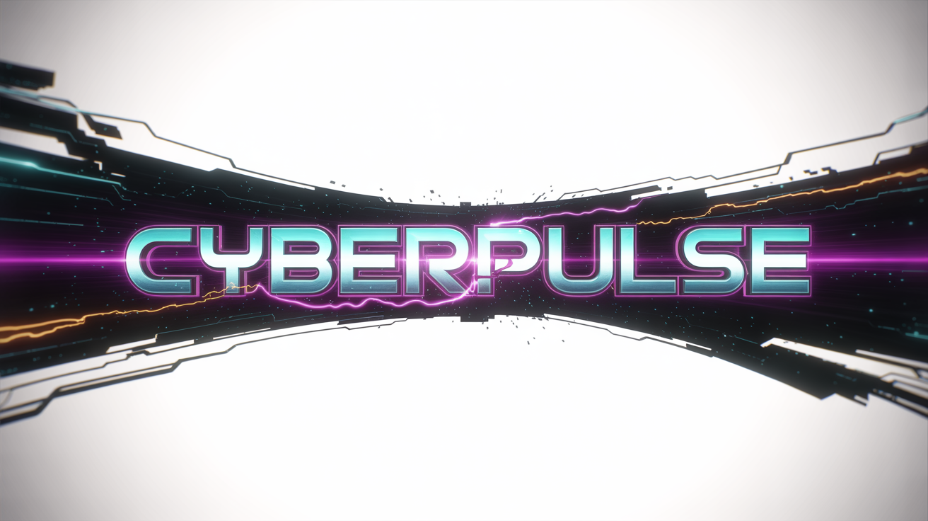 A cinematic title card for a fictional game called 'CYBERPULSE', set against a white background. The text is bold, chrome, and futuristic, glowing with neon pink and blue light. Streaks of light and digital particles explode from behind the title, conveying a sense of high energy and action.