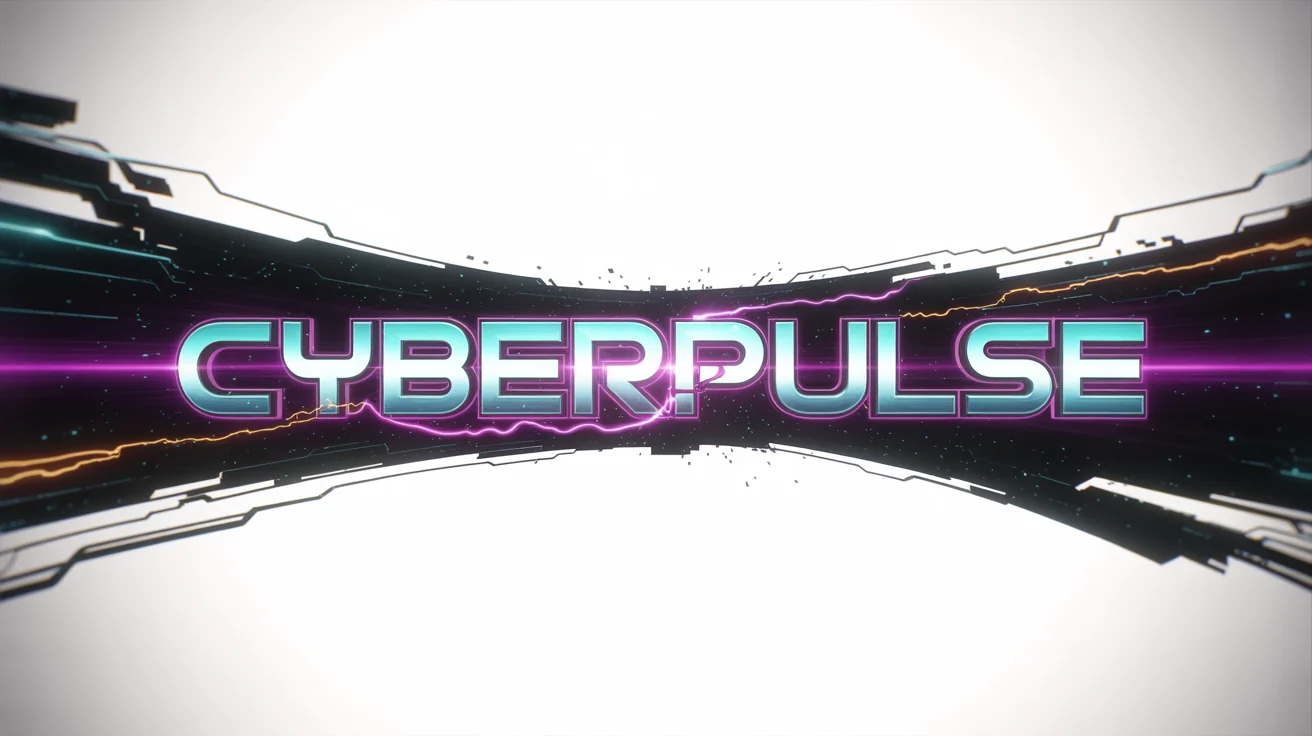 A cinematic title card for a fictional game called 'CYBERPULSE', set against a white background. The text is bold, chrome, and futuristic, glowing with neon pink and blue light. Streaks of light and digital particles explode from behind the title, conveying a sense of high energy and action.
