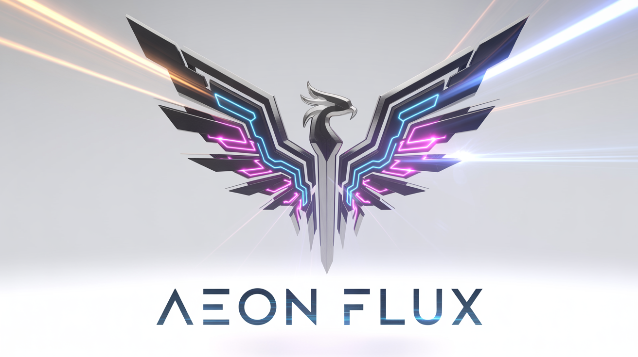 A cinematic still from a gaming intro mockup, featuring a 3D logo of a chrome and black cybernetic phoenix with glowing blue and magenta circuits. Below it, the title 'AEON FLUX' is written in a futuristic metallic font, all isolated on a white background.