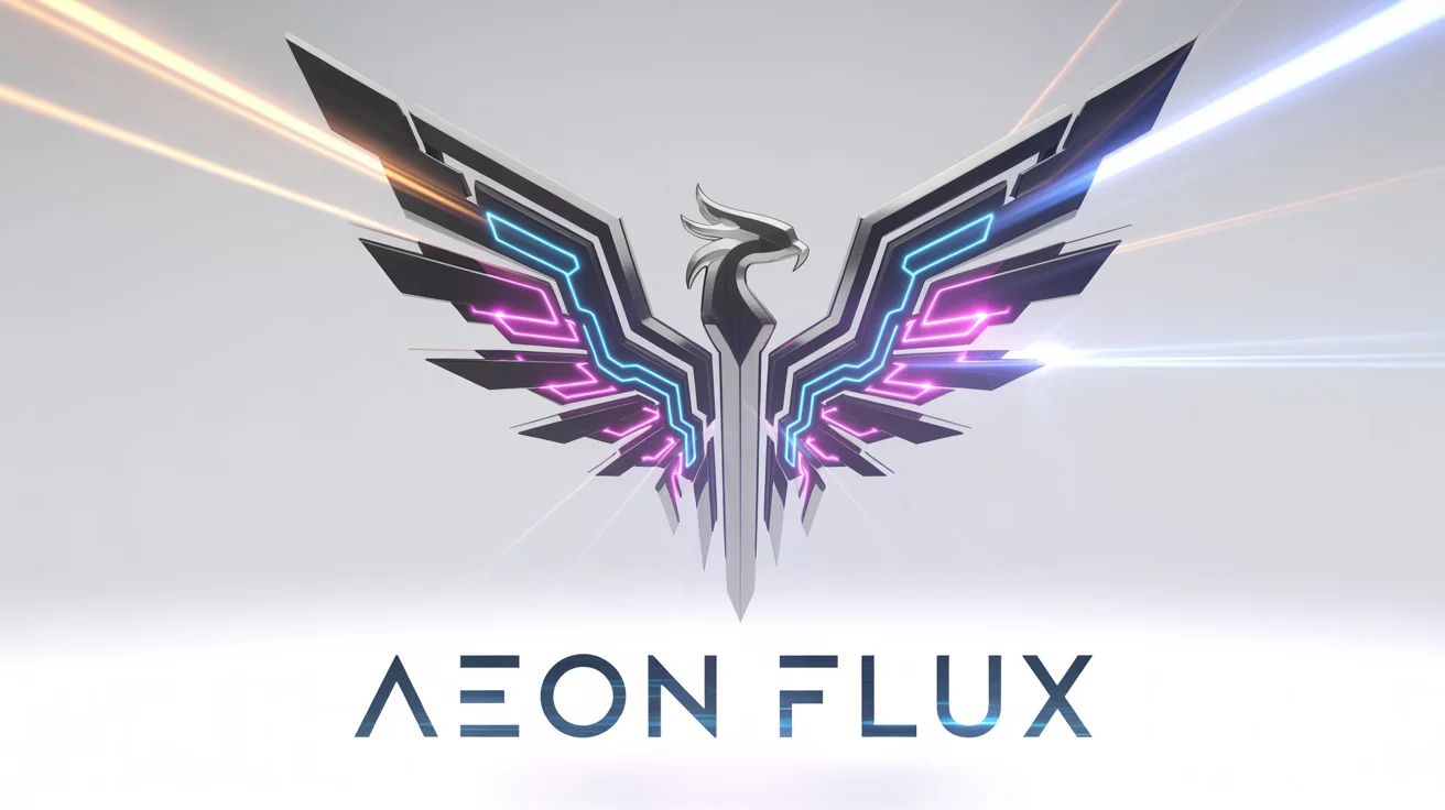 A cinematic still from a gaming intro mockup, featuring a 3D logo of a chrome and black cybernetic phoenix with glowing blue and magenta circuits. Below it, the title 'AEON FLUX' is written in a futuristic metallic font, all isolated on a white background.