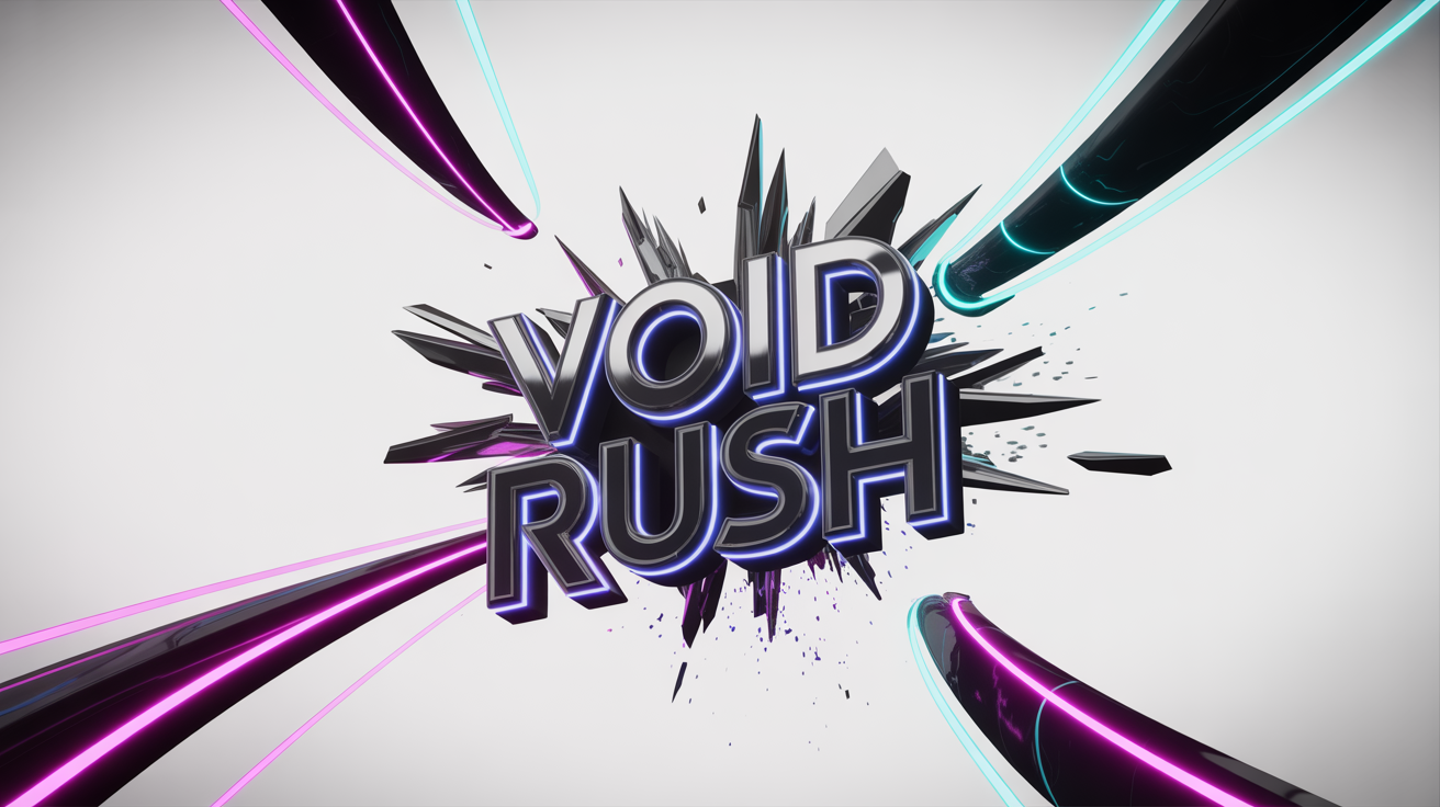 A cinematic mockup of a gaming intro for a game titled 'VOID RUSH', featuring the 3D chrome title exploding into particles of light against a white background.