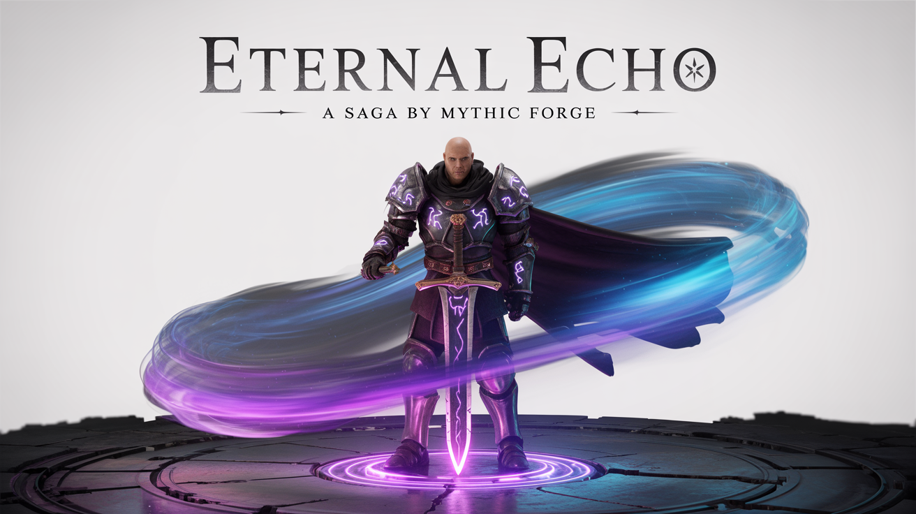A mockup of a cinematic gaming intro featuring a heavily armored knight with a giant glowing sword. The game title 'ETERNAL ECHO' is displayed prominently above the character against a white background.