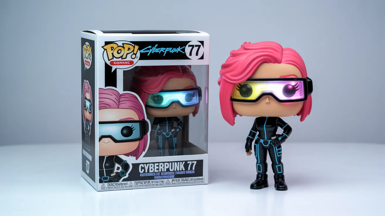 A custom Funko Pop figure of a female cyberpunk hacker with pink hair, standing next to its professional collector's box on a clean background.