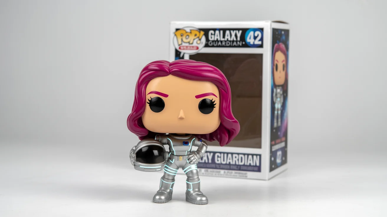 A custom Funko Pop figure of a female space explorer with magenta hair, standing in front of its 'GALAXY GUARDIAN' branded box on a white background.
