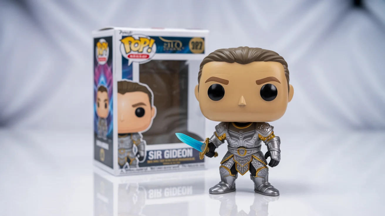 A photorealistic product mockup of a custom Funko Pop vinyl figure of a fantasy warrior in silver armor, standing next to its branded collectible box on a clean white background.