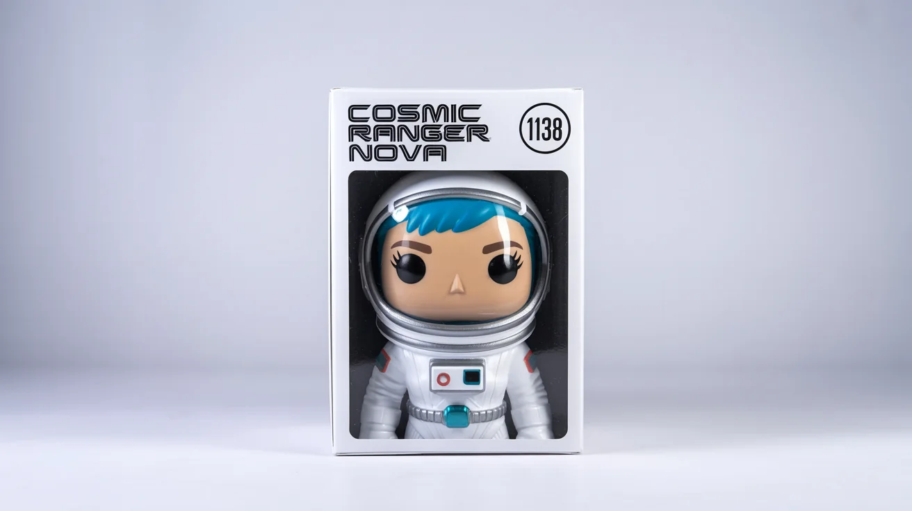 A professional product mockup of a custom 'Cosmic Ranger Nova' astronaut Funko Pop figure in its display box, set against a plain white background.