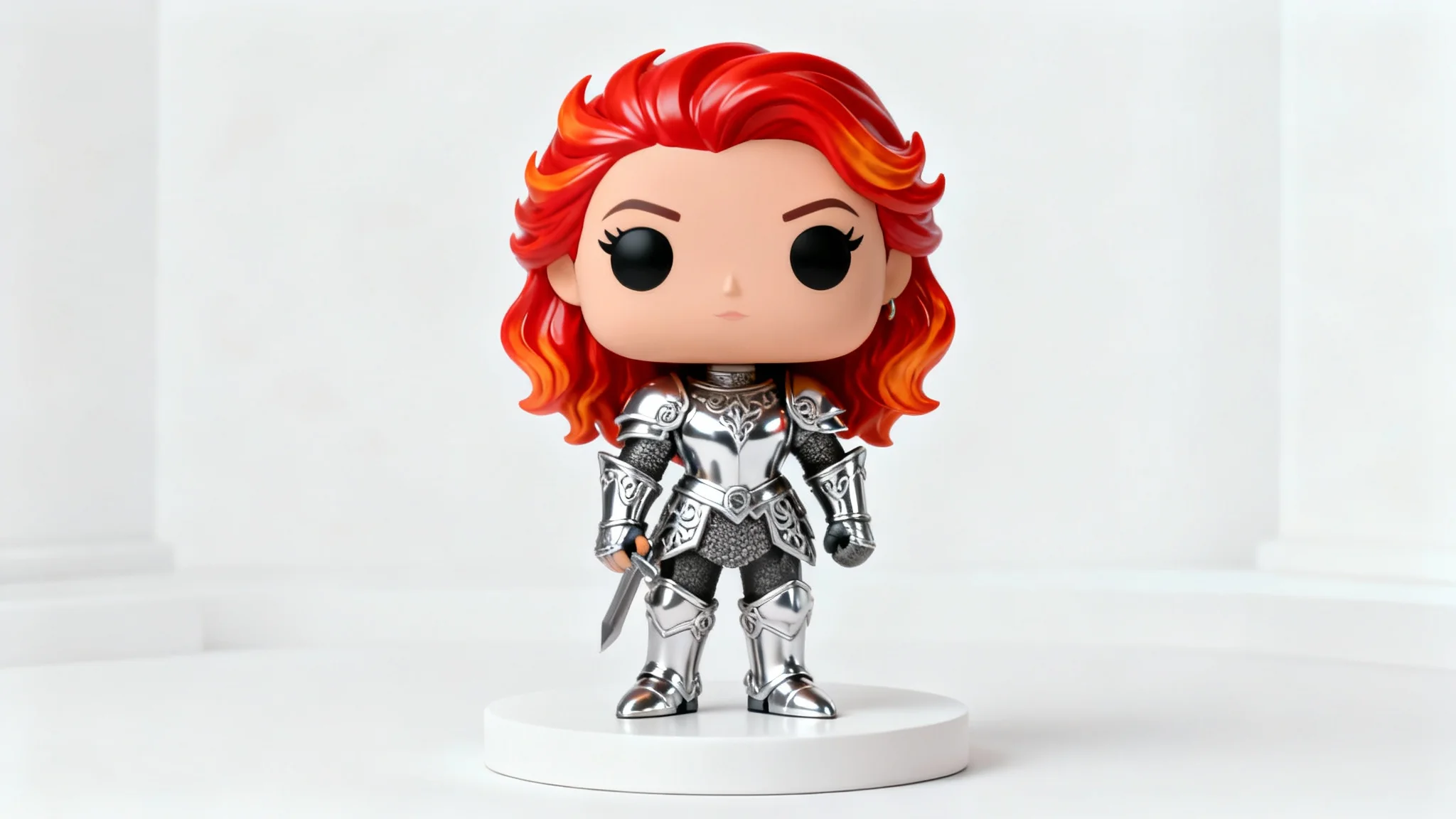 A custom Funko Pop vinyl figure of a female knight with red hair and silver armor, displayed against a clean white background.