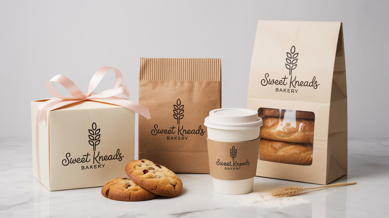 A professionally designed set of bakery packaging for 'Sweet Kneads Bakery', including a box, bags, and a coffee cup, arranged neatly on a clean marble surface.