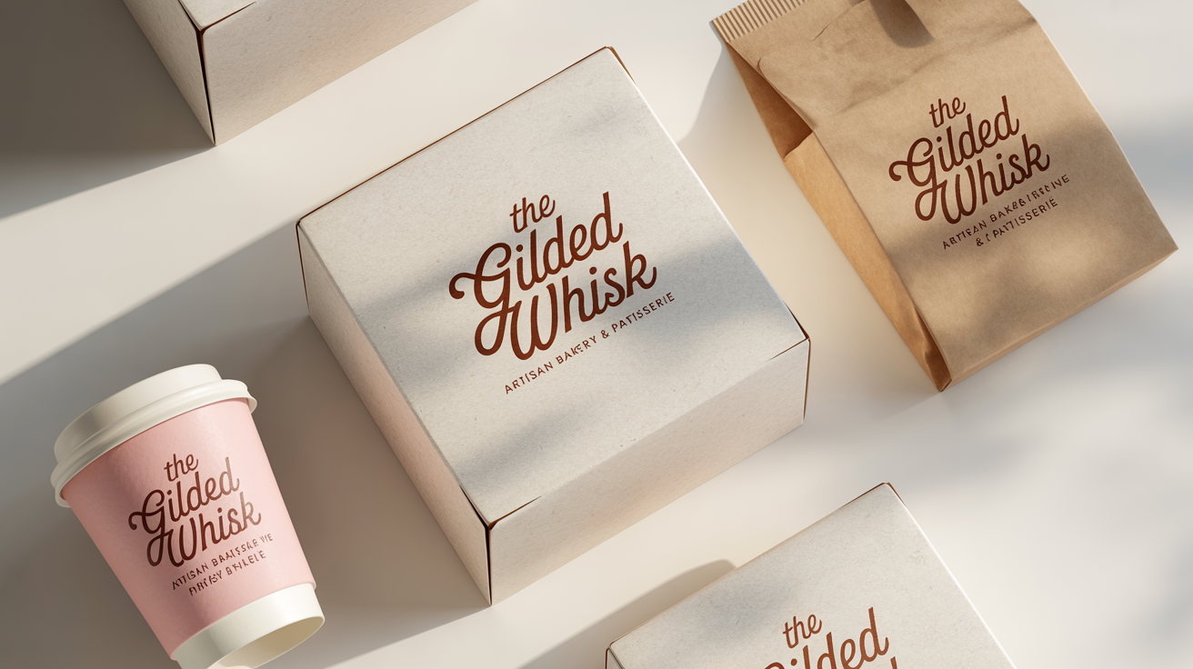 A flat-lay view of elegant bakery packaging, including a box, a coffee cup, and a paper bag, all featuring the fictional 'The Gilded Whisk' branding on a clean white background.
