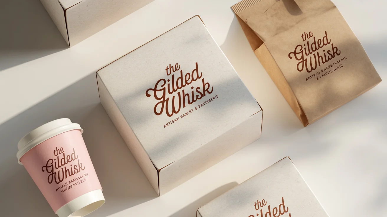 A flat-lay view of elegant bakery packaging, including a box, a coffee cup, and a paper bag, all featuring the fictional 'The Gilded Whisk' branding on a clean white background.