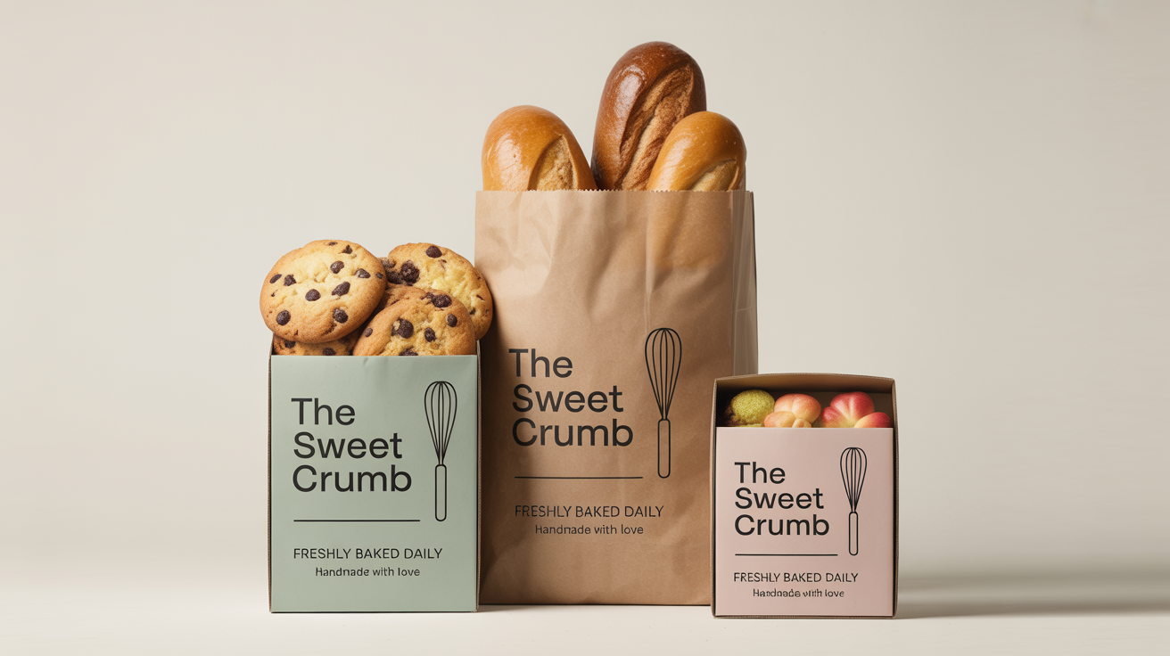 A collection of beautifully designed bakery packaging for 'The Sweet Crumb' brand, including a bag and boxes, displayed in a professional mockup style on a white background.