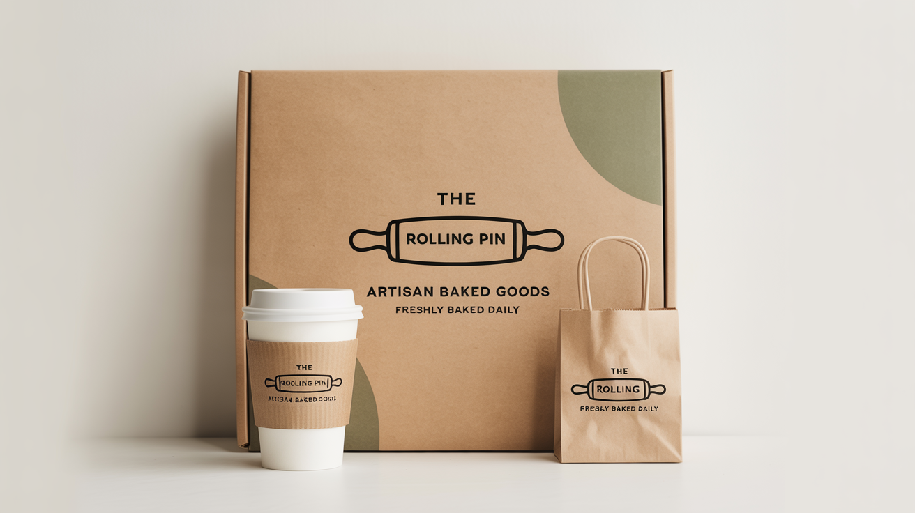 A collection of branded bakery packaging for 'The Rolling Pin' bakery, including a pastry box, coffee cup, and paper bag, displayed in a clean arrangement on a white background.