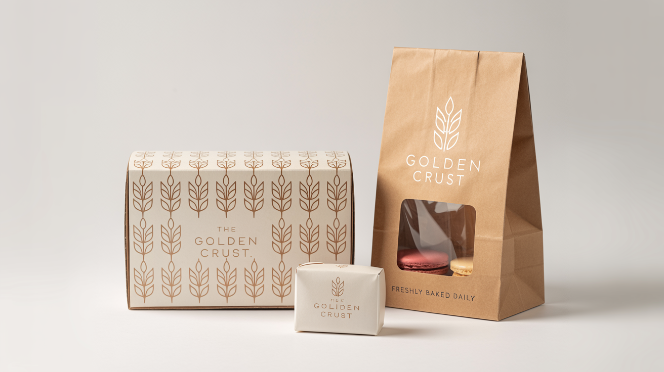 A professional mockup of bakery packaging design featuring a cake box, paper bag, and macaron box for a fictional brand 'The Golden Crust', all displayed on a clean white background.