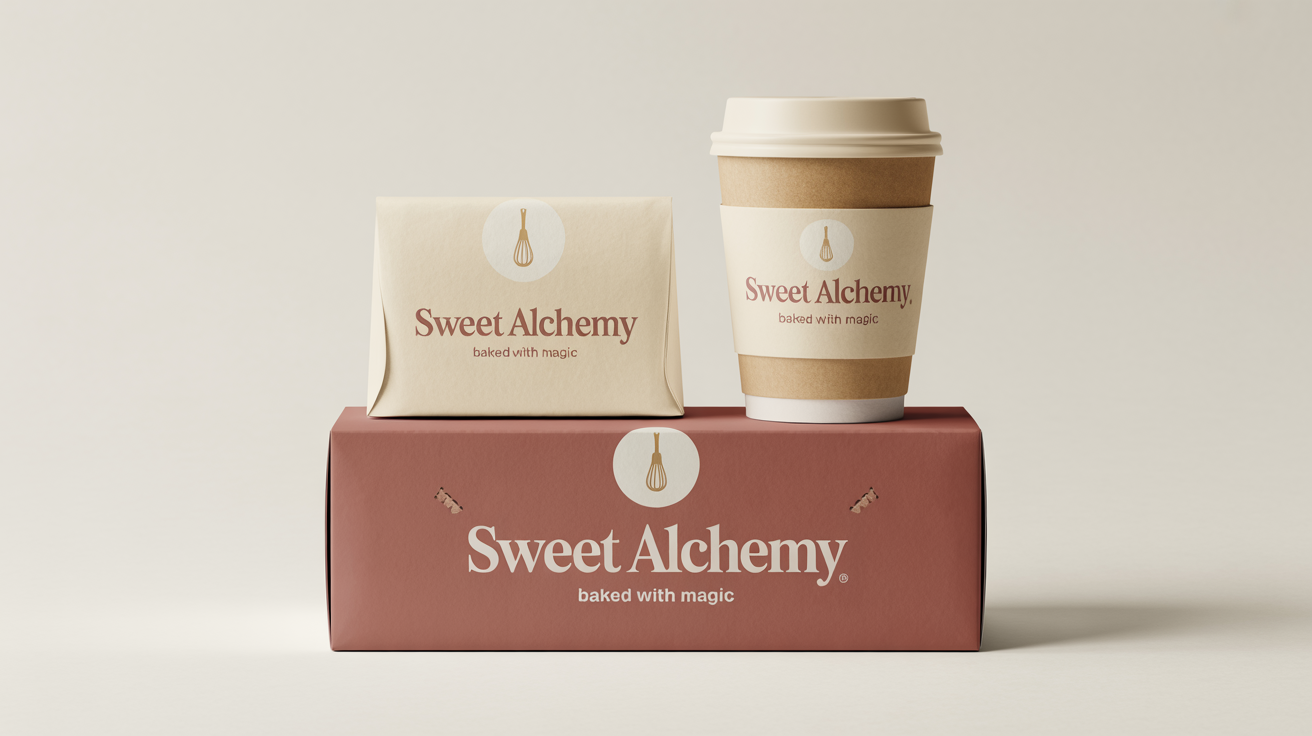 A collection of mockup bakery packaging for a fictional brand called 'Sweet Alchemy', including a pastry box, coffee cup, and paper bag, all featuring a modern dusty rose and cream design.