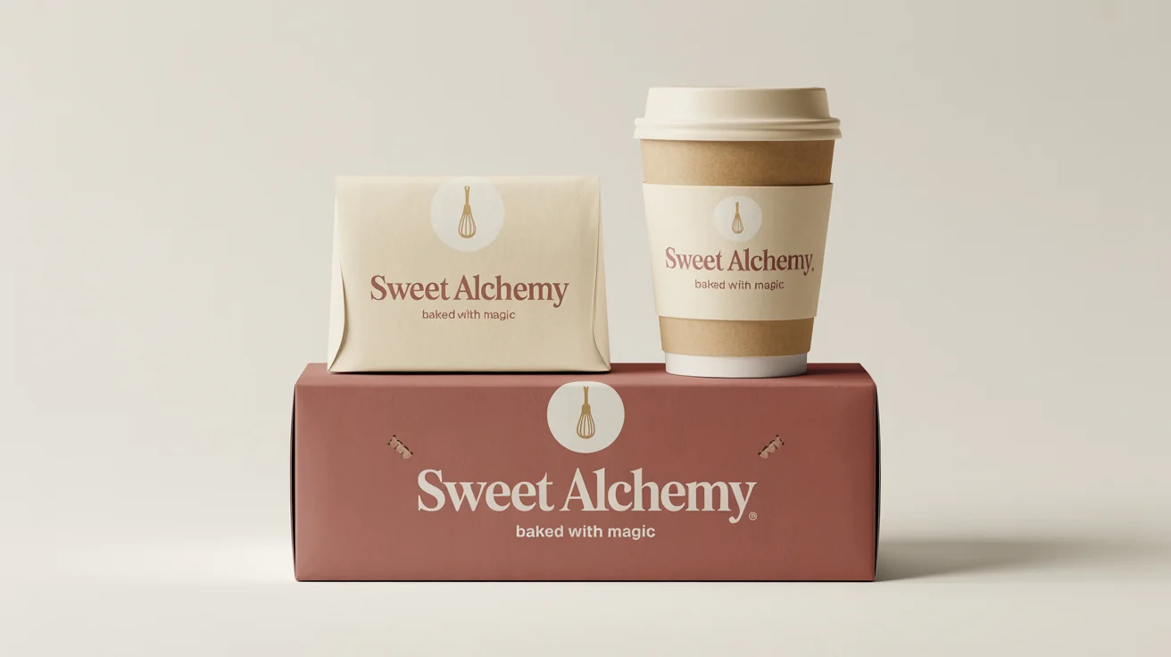 A collection of mockup bakery packaging for a fictional brand called 'Sweet Alchemy', including a pastry box, coffee cup, and paper bag, all featuring a modern dusty rose and cream design.