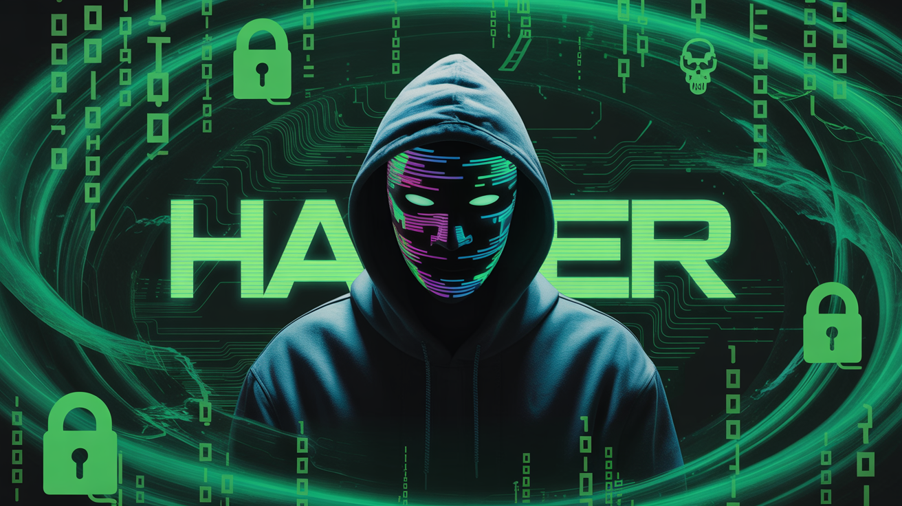 A dark, high-tech hacker wallpaper with a shadowy figure in a hoodie at the center. Neon green binary code cascades in the background, and the word 'HACKER' is displayed in a bold, glitchy font.