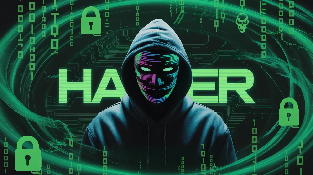 A dark, high-tech hacker wallpaper with a shadowy figure in a hoodie at the center. Neon green binary code cascades in the background, and the word 'HACKER' is displayed in a bold, glitchy font.